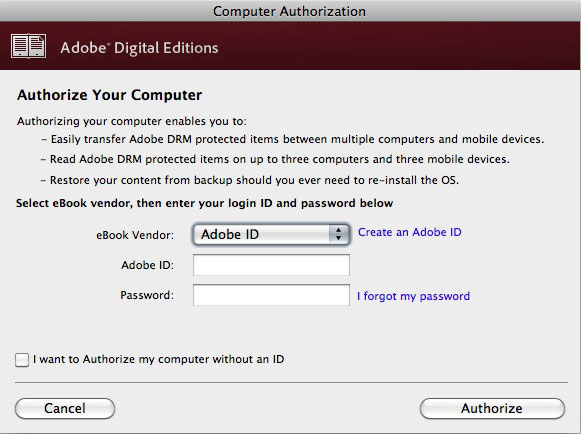screen shot of adobe digital editions authorization page